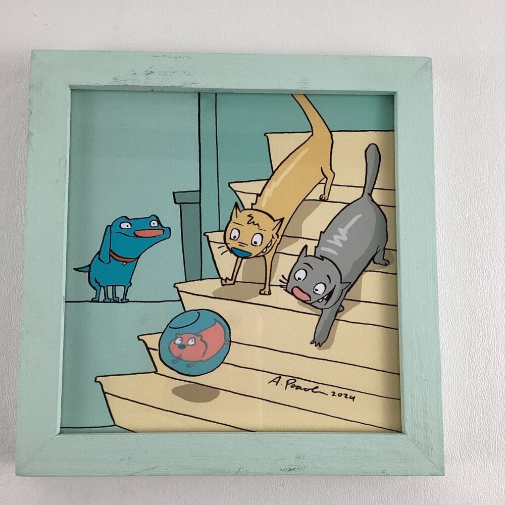 Otter Be Happy Framed Artwork Whimsical Cats & Hampster Artist Signed A. Paavola